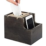 MyGift Rustic Two-Tone Wood Square Tissue Box Cover with Vanity Organizer
