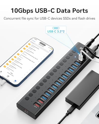 Image of AGEEN 16-Port Powered USB 3.2 Hub-10Gbps SuperSpeed Data Splitter with 2 USB-C & 11 USB-A Ports, 3 x 24W QC 3.0 Fast Charging Ports, Individual On /Off Switches, 96W Power Adapter for Laptop, PC