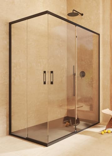 Mampara rectangular 2 correderas + 2 fijos, sin perfil inferior, REVERSIBLE, Vidrio seguridad 6mm antical  67,5 70 x 117,5 120 cm   H= 195cm, Negro