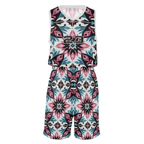 FLildon Mexican Tile Art Boys Basketball Jersey Set Tank Top Shorts Tracksuit Sport Training Suit for Kids, L