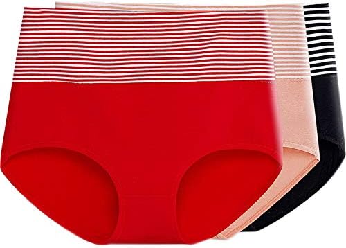 Women's Cotton High Waist Full Coverage Hipster Panty, Size M to XL (Pack of 3 Panty) Black/Beige/Red