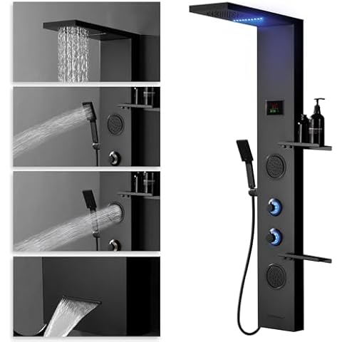BATHLAVISH LED Black Shower Panels, Shower Tower With Storage Shelf 304 Stainless Steel System With Rainfall Shower Head With Handheld Massage Body Jets Bathroom Matte Black Waterfall Bathtub Cover