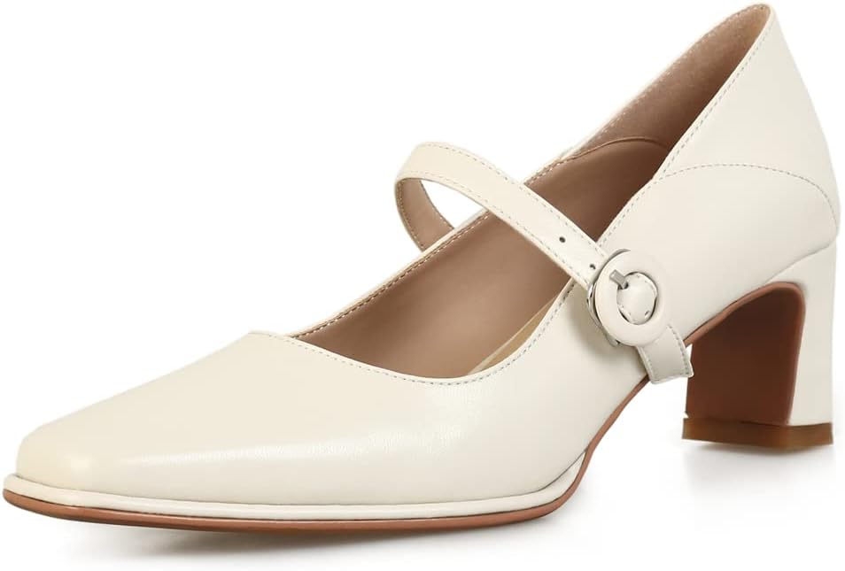 TinaCus Women's Genuine Leather Handmade Classic Square Toe Mid Heel Buckle Closure Mary Jane Pumps