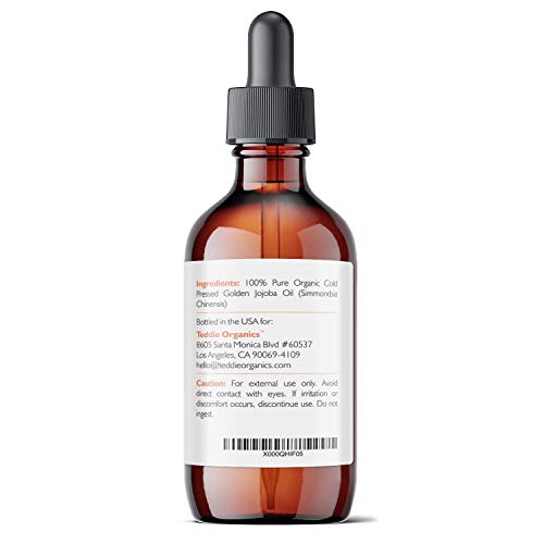Teddie Organics Golden Jojoba Oil 100% Pure Organic Cold Pressed And Unrefined 4Oz - Natural Moisturizer For Face Hair And Sensitive Skin, Carrier Oil For Essential Oils #TOP1