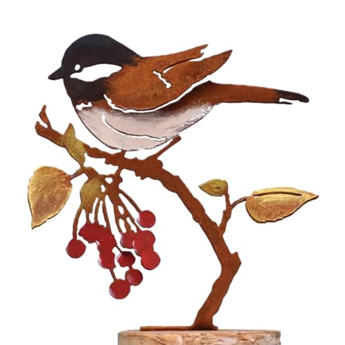 Opilroyn Decorazione da giardino a cincia – Decorazione da giardino in metallo – Ciglia e bacche – di Cortile – Decorazione esterna per uccelli dipinti in metallo per la recinzione anteriore della