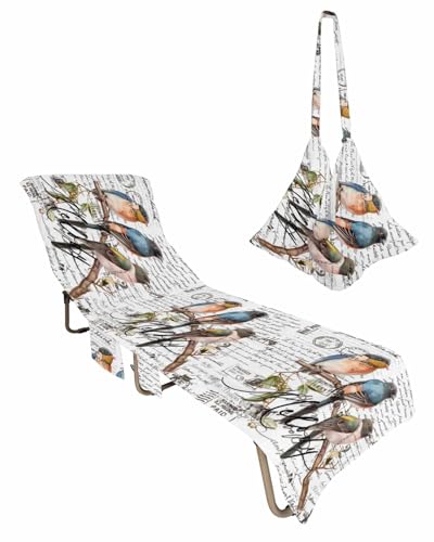 Animal Birds Beach Chair Cover with Side Pockets, Microfiber & Quick Dry Pool Chaise Lounge Chair Towels Covers for Sun Sunbathing Patio Garden Hotel, Old Newspaper English Newsprint White