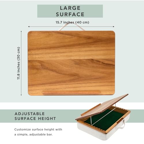 ROSSIE Home Acacia Wood Easel Lap Desk – Adjustable 7-Level Laptop Stand & Portable Workstation with Open Storage – Fits 15.6” Laptops – Natural – Style No. 76516
