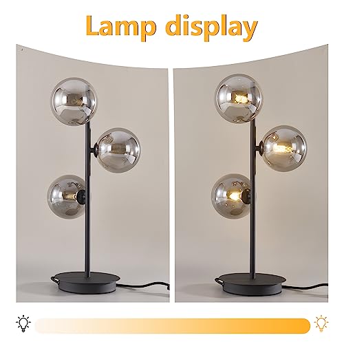 Image of Mid Century Modern Table Lamp, Black 3 Light Reading Lamp with Smoky Grey Glass Shade, Bedside Lamp for Bedroom Living Room Study Room