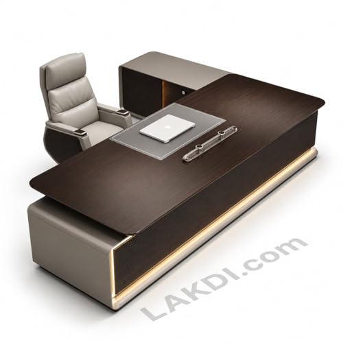 Image of Luxury Executive Office Desk with Side Storage Cabinet, Premium CEO Manager Table in Dark Walnut Finish for Modern Office Cabin & Workspace Furniture (LDL-792 MDFL L8W3)