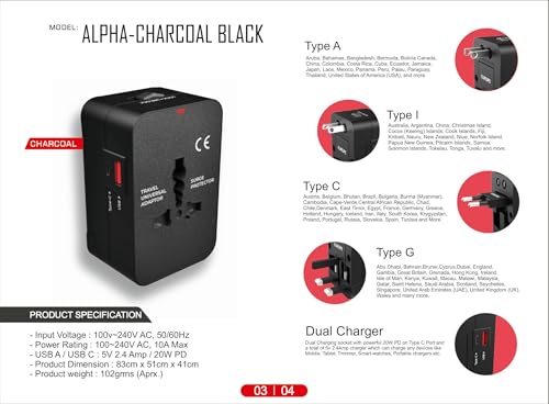 Image of Hawk International Travel Adapter with USB-A and USB-C, Universal Multi-Plug Type A /C /G /I, 20W PD Fast Charging, Charcoal Black, Model Alpha