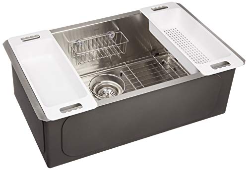 Zuhne 30-Inch Single Bowl Undermount Stainless Steel Kitchen Sink, Strainer, Grid, Caddy, Colander