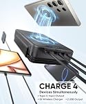 Solar Charger Power Bank - 38800mAh with Dual 5V3.1A Outputs 10W Qi Wireless Charger Waterproof Built-in 4 Solar Panel and Bright Flashlights (Deep Black)