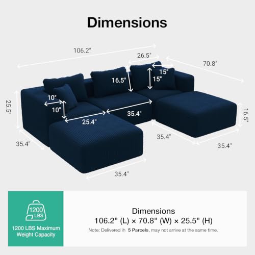 Image of Novilla 106 inch Modular Sectional Sofa, U Shape Cozy Sectional Couch, Modern Cloud Design with Smarts Coil Support, Boneless Sectional Couch for Living Room Apartment, No Assembly Required, Blue