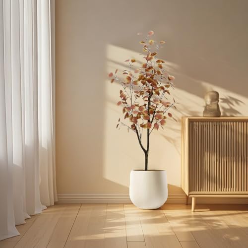 GarveeHome 4FT Artificial Eucalyptus Tree, Tall Faux Eucalyptus Stems Fake Plants with Plastic Pot Realistic Autumn Leaves for Home Living Room Indoor Outdoor Porch Front Door Decor