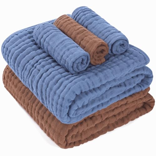 Image of HardNok 5-Piece Muslin Baby Towel Set - 100% Organic Cotton, (2) Large 6-Layer 43x43 Towels & (3) Washcloths, Multi-Use Blanket & Bath (Coffee & Blue)