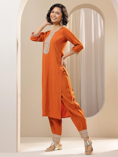 Image of Libas Embroidered Silk Blend Straight Kurta with Salwar and Dupatta
