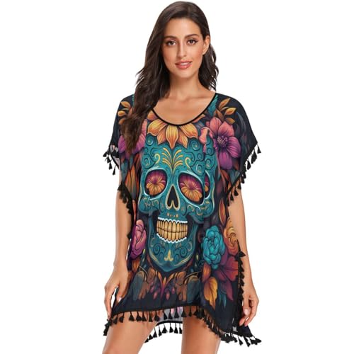 Art Cyan Skulls Rose Flower Women's Beach Cover Up Chiffon Tassel Swimwear Swimsuit Coverups for Girl