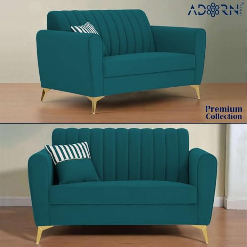 Image of Adorn India Premium Luster 3-2 Sofa Set | Velvet Suede Fabric | 3-Year Warranty | Color Ocean Blue with Golden Legs & Striped Pattern Cushion