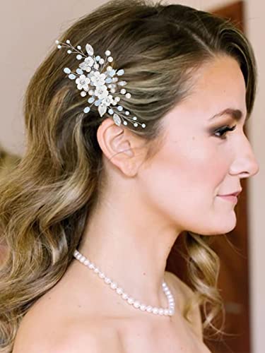 Pinza de cabello de boda con perlas y cristales plateada miniatura 2