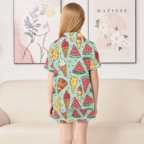 ALAZA Watermelon Ice Cream Cartoon Pajamas Satin Pajama Set Short Sleeve Button Down Sleepwear4