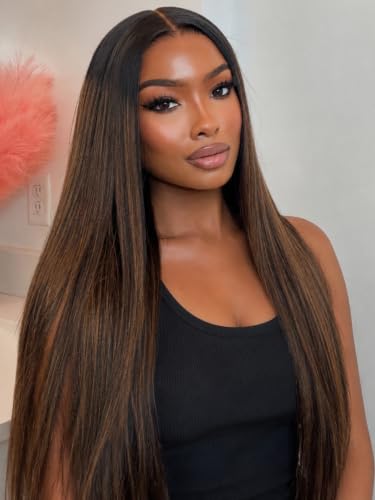 Image of KLAIYI Pre Everything Yaki Straight Glueless Ombre Highlight Balayage Brown 13x4 Lace Front Wigs Human Hair Drawstring Pre Plucked Bleached Knots 30S Ready to Wear and Go Wig Beginner Friendly 24Inch