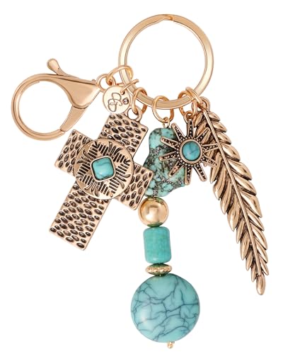 Jessica Simpson Turquoise Cross Keychain with Feather and Western Charms,