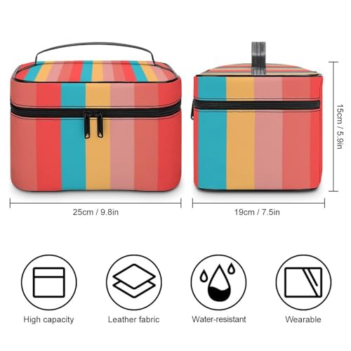 Leather Cosmetic Case, Coral Turquoise Yellow Stripes Portable Makeup Bag Organizer Large Capacity Travel Toiletry Bag with Zipper2