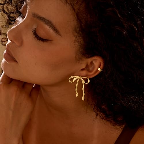 Gold Earrings for Women, 14k Gold Plated Bow Ribbon Earrings Hypoallergenic Non-Tarnish Dainty Cute Stud Tragus Piercing Earring Fashion Accessories for Her3