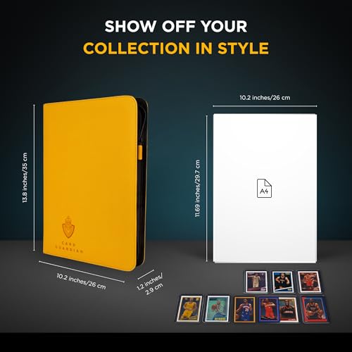 Image of Card Guardian - 9 Pocket Premium Black Binder with Zipper for 360 Cards - Side Loading Pockets for Trading Card Games TCG (Yellow)