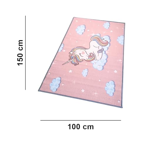 Image of Matz&More Kids Play Area Rug | 100x150 cm | Pink Little Unicorn Sky Design | Soft Nylon Loop Pile Carpet with Anti-Slip Backing | Children's Play, Bed & Classroom Floorings