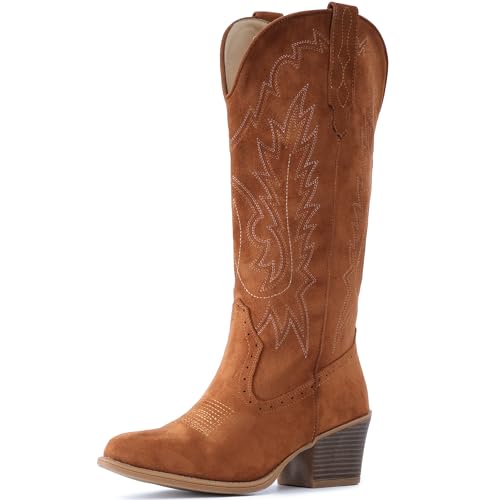Image of IUV Suede Cowboy Boots For Women Chunky Heel Pointed Toe Cowgirl Boots