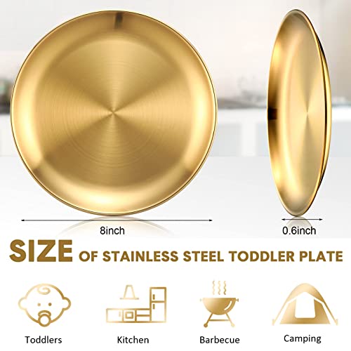 Honeydak 10 Pcs 18/8 Stainless Steel Plate 304 Stainless Steel Dishes 8 Inches Adult Plates Reusable Camping Plates Dishwasher Safe Feeding Serving Flat Plate Double Layers Round Dessert Plate (Gold) #TOP1