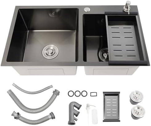 Fregadero doble de acero inoxidable, color negro, 78 x 43 x 22 cm...