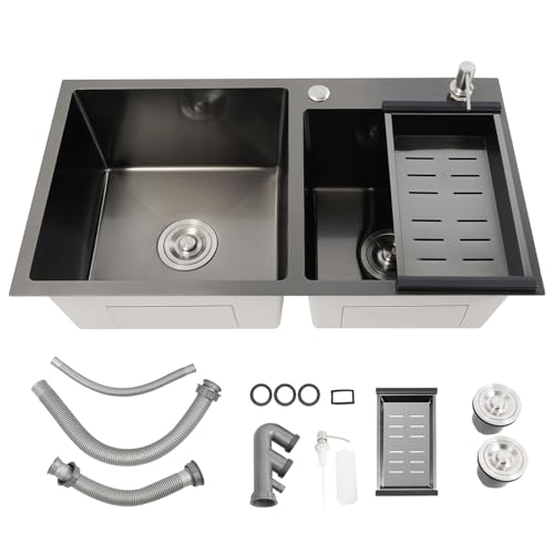 Fregadero doble de acero inoxidable, color negro, 78 x 43 x 22 cm, fregadero de cocina, 2 cubetas enrasadas, incluye cestillo escurridor, dispensador de jabón, sifón y encima