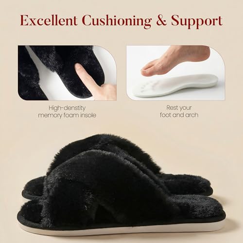 Image of Ankis Women's Fuzzy Slippers Cross Band Memory Foam Open Toe Comfy Soft House Shoes Anti-Slip Indoor Outdoor Gifts for Women