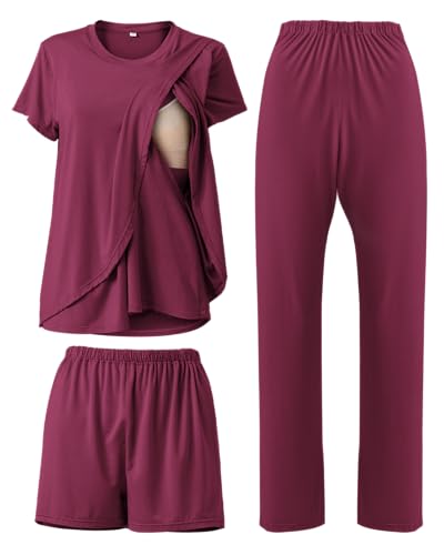 Rnxrbb 3 Piece Postpartum Nursing Pajamas Set Double Layer Maternity Breastfeeding Pjs Sleepwear for Women,Purple Red L