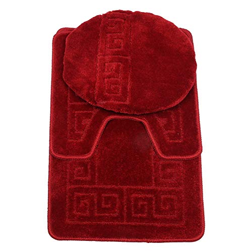 3 Piece Bath Rug Set Pattern Bathroom Rug (20"x32")/Large Contour Mat (20"x20") with Lid Cover (Burgundy)