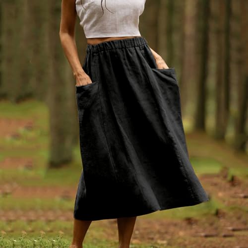 Women's Cotton Linen Skirts Casual Loose Fit Solid Color Elastic High Waisted Flare A-Line Midi Skirts with Pockets2