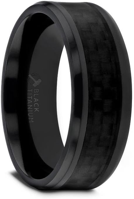 OXYN Black Titanium Polished Beveled Edges Black Carbon Fiber Inlaid Men’s Wedding Band - 6mm & 8mm