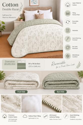 Image of RRC Jaipuri Floral Print Double Bed Razai | Cotton Lightweight AC Quilt | Soft Jaipuri Rajai | 200 GSM| Double Bed Quilt Pack of 1