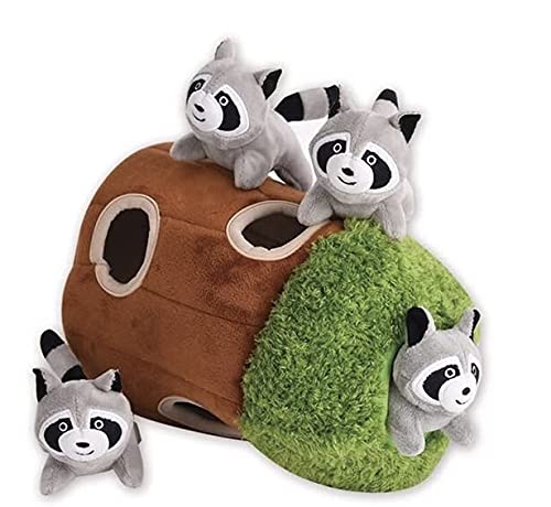 Glow Pups Hide and Seek Dog Toy, Interactive Plush Raccoon in Tree Burrow, Squeaky Woodland Style Dog Toys for Small Dogs, Mental Stimulation, Medium