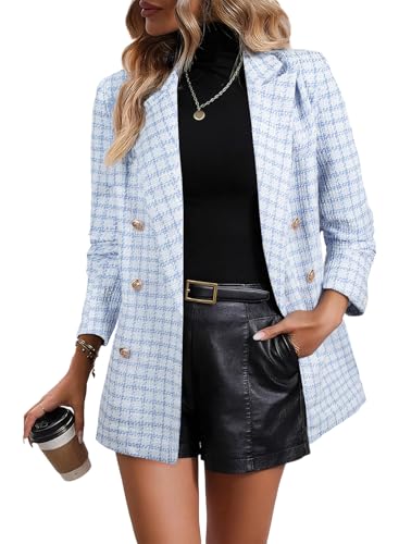 Happy Sailed Oversized Blazers for Women Fall Fashion Lapel Collar Double Breasted Open Front Tweed Plaid Blazer Jackets Business Casual Professional Attire Work Suits 2025 Light Blue S
