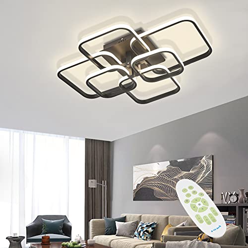 XEMQENER LED Dimmable Ceiling Lights with Remote, Chandelier Light with 6 Squares - Flush Mount Ceiling Lamp for Living Room, Kitchen, Office, Bedroom, Dining Room (2800k-6000k, Black, 10-20㎡)