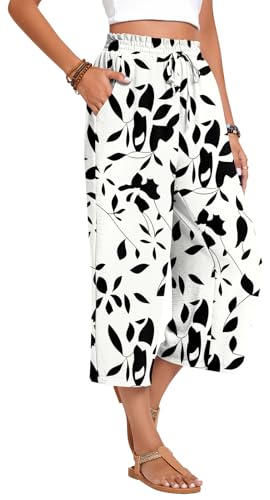 Image of Anyhold Women's Capri Pants Drawstring Casual Palazzo Trousers with Pockets Loose High Waisted Wide Leg Lounge Pants