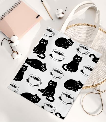 Image of Cute Cat Canvas Tote Bag for Women， Aesthetic Reusable Shoulder Bag for Shopping Travel Work