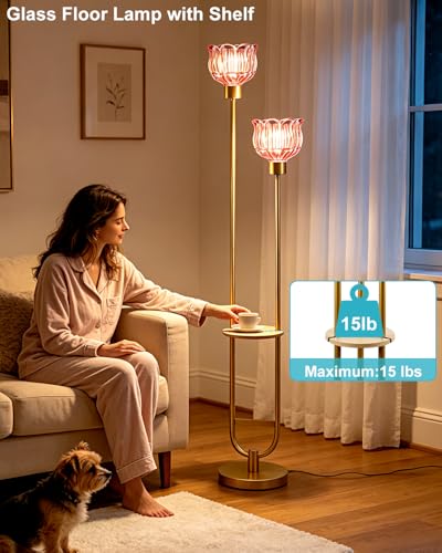 Image of Lightdot 2-Lights Modern Glass Floor Lamp with Table Gold Standing Tall Lamps with Pomegranate Red Glass Shade, Flower Floor Lamp with Foot Switch for Living Room Bedroom Home Decor (Bulbs Included)