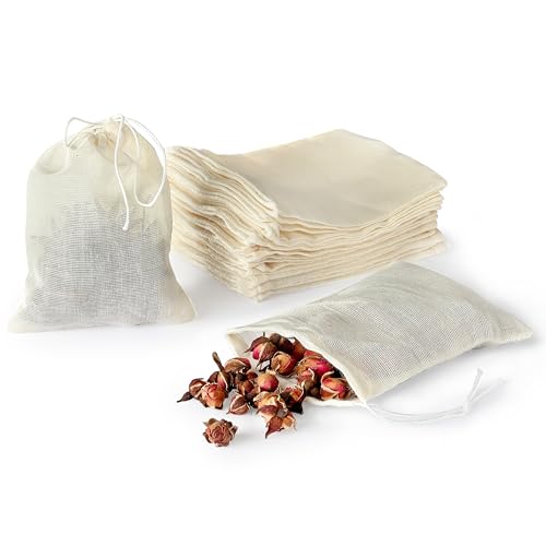 20 PCS Reusable Tea Bags DAJLFA Empty Muslin Sachet Bags with Drawstring Spice Bags for Cooking Loose Tea Herb Natural Cotton (4 X 3 Inches)
