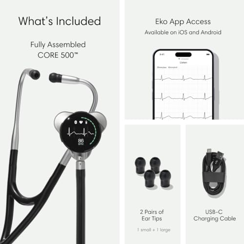 Eko-CORE-500-Digital-Stethoscope--The-pinnacle-of-digital-stethoscope-technology-combining-TrueSound-audio-with-3-lead-ECG-and-a-full-color-display-Silver-Chestpiece-COR501