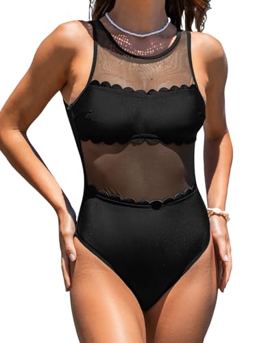 CUPSHE Women's One Piece Swimsuit High Neck Mesh Bathing Suit Cutout Back Tie Scalloped Wide Straps