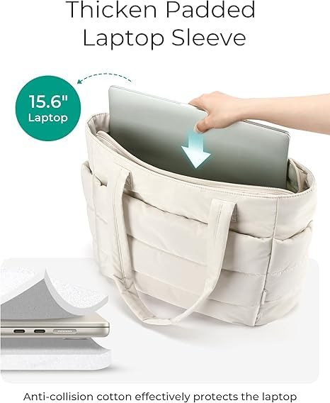 Image of Women's Puffy Tote Bag with Multi Compartments | Lightweight Shoulder Handbag | Large Capacity Quilted Tote Purse | Water-Resistant Taslan Fabric